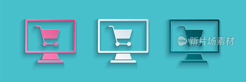Paper cut Shopping cart on screen computer icon isolated on blue background. Concept e-commerce, e-business, online business marketing. Paper art style. Vector Illustration